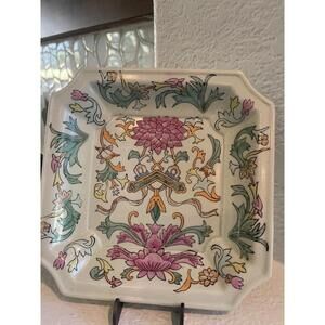 Vintage Chinese Porcelain Dish Hand Painted Macau Pink And Green Floral